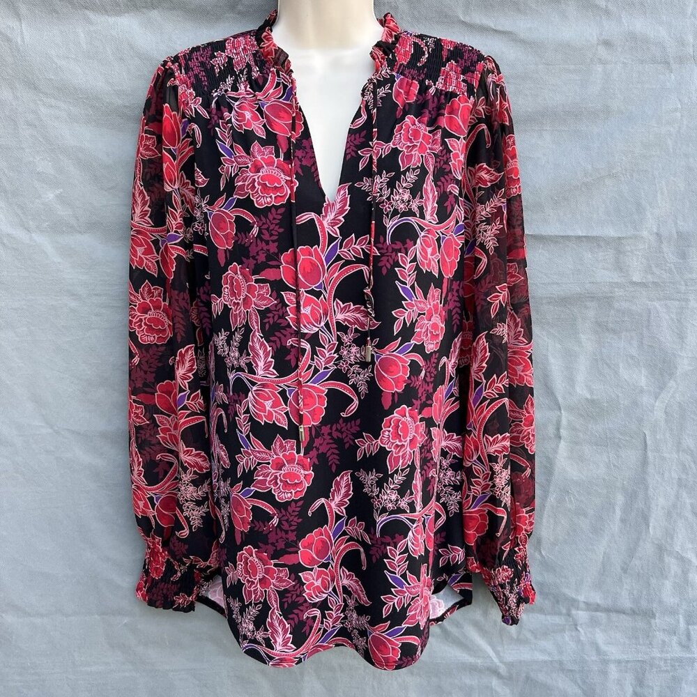 White House Black Market WHBM Red Black Sizs S Floral Shirt Blouse Split Neck